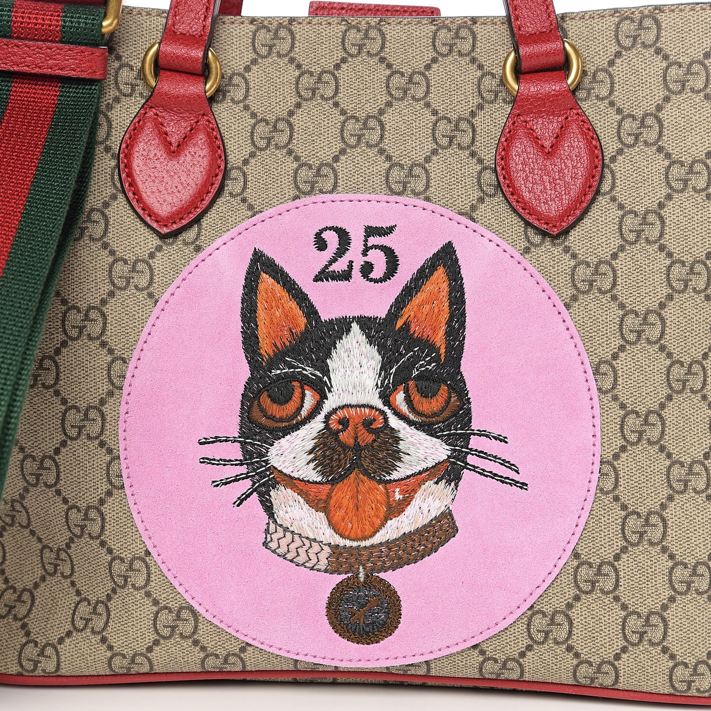 Soft GG Supreme Monogram Web Bosco Patch Small Crossbody Tote Beige Malva Hibiscus Red