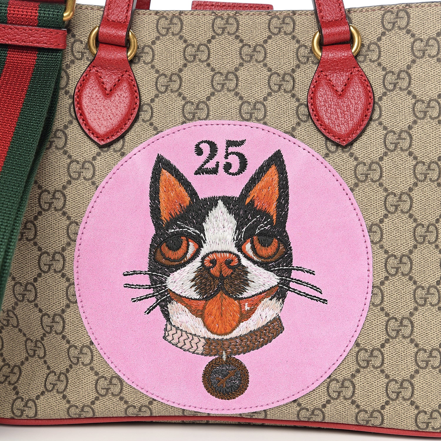Gucci Soft GG Supreme Monogram Web Bosco Patch Small Crossbody Tote Beige Malva Hibiscus Red 7 of 9