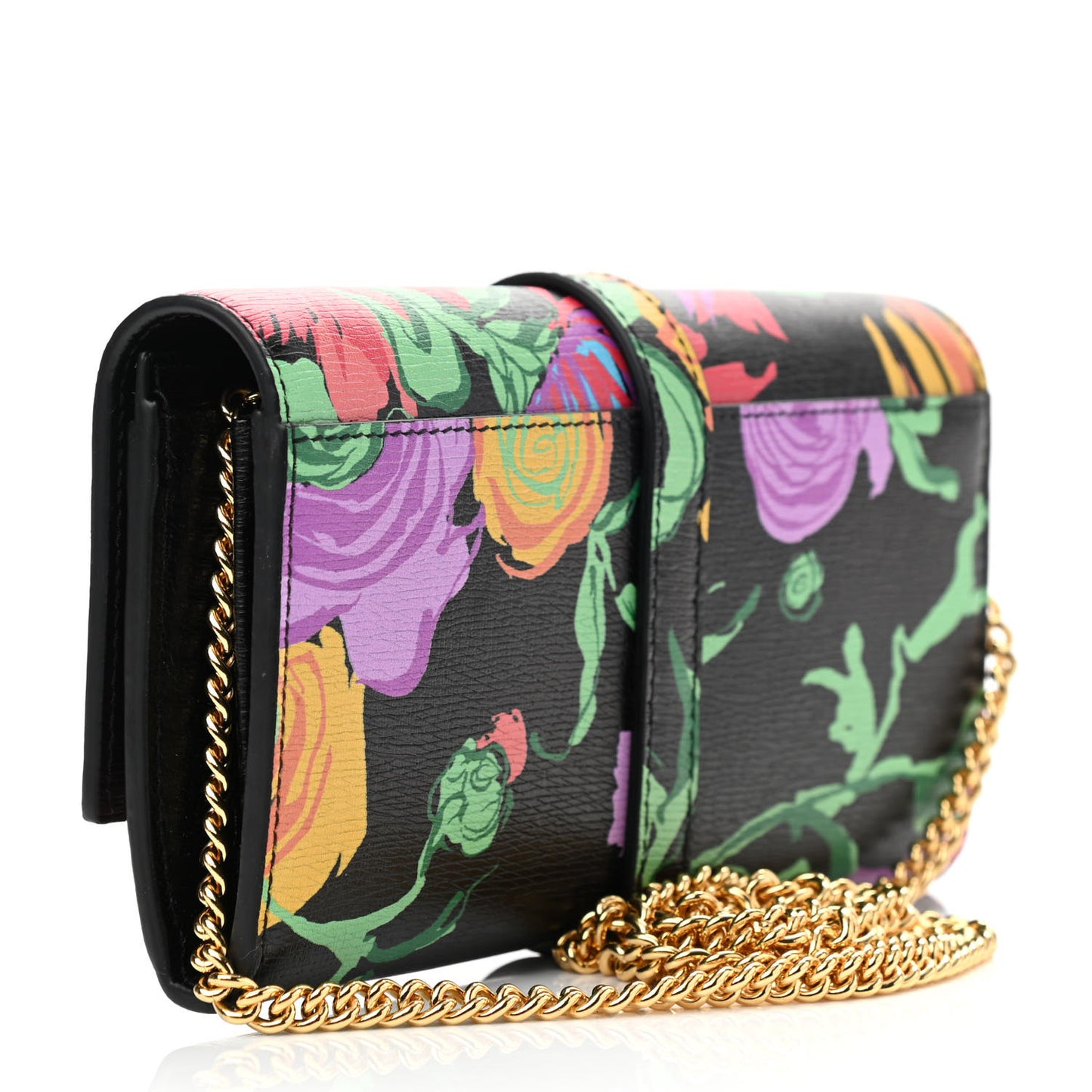 X KEN SCOTT New Shangai Calfskin Jenny Floral Print Jackie 1961 Chain Wallet Black Pink
