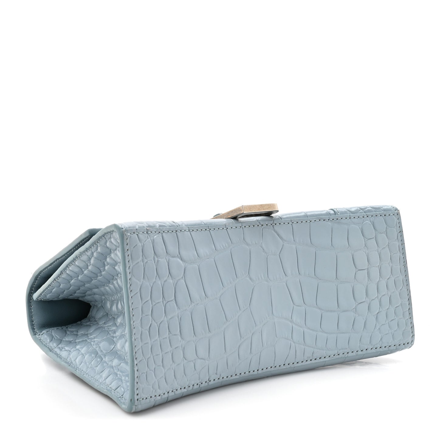 Shiny Calfskin Crocodile Embossed Small Hourglass Top Handle Bag Blue Grey