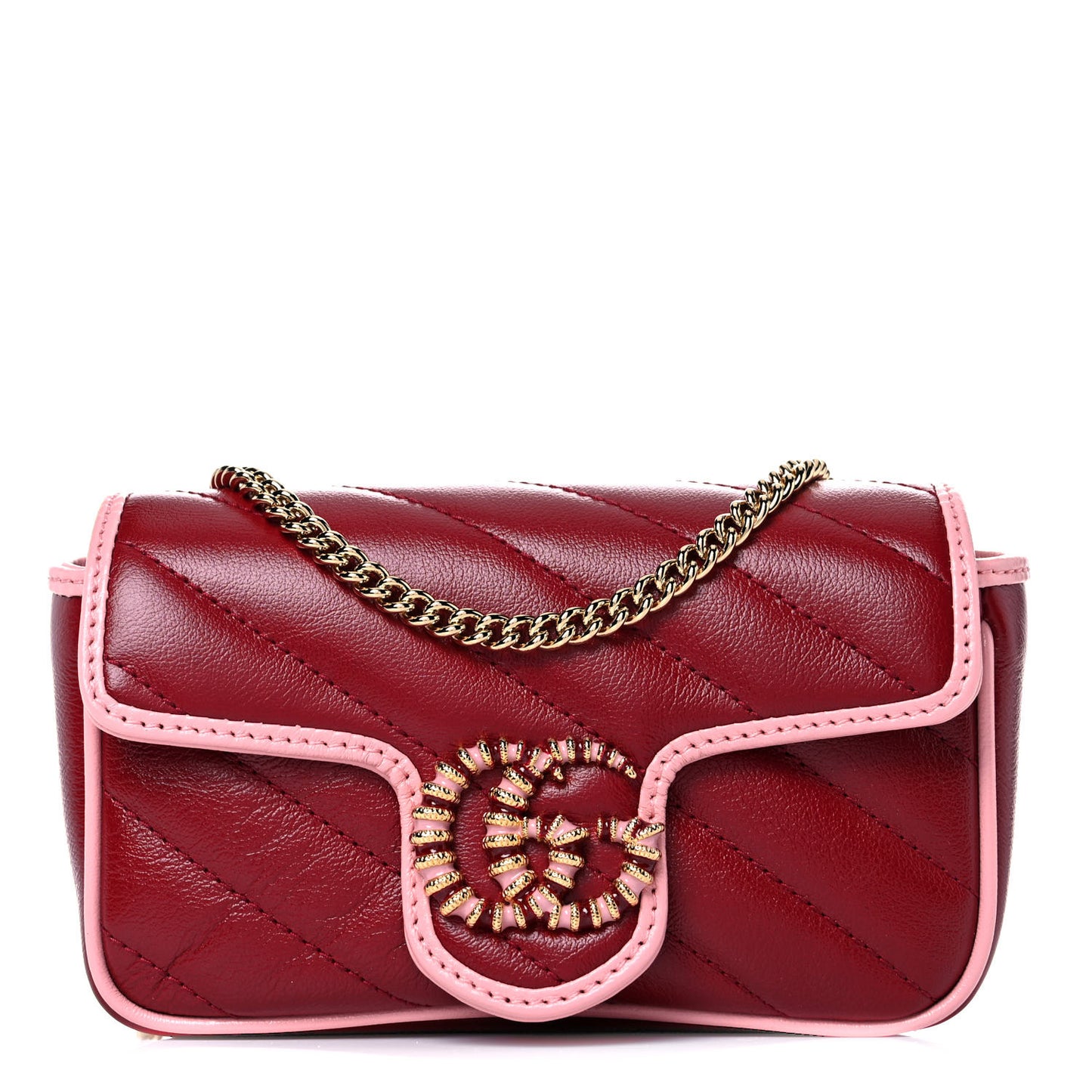 Azalea Calfskin Enamel Matelasse Diagonal Super Mini Torchon GG Marmont Shoulder Bag New Cherry Red Wild Rose