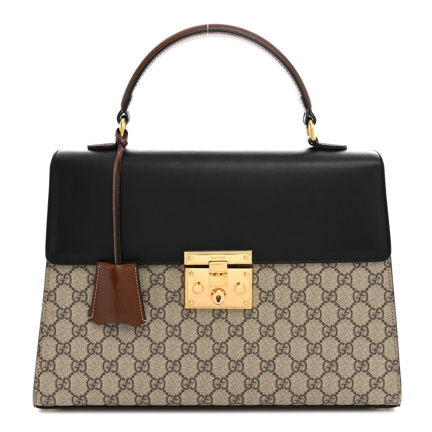 GG Supreme Monogram Calfskin Medium Padlock Top Handle Bag Beige Black Cuir