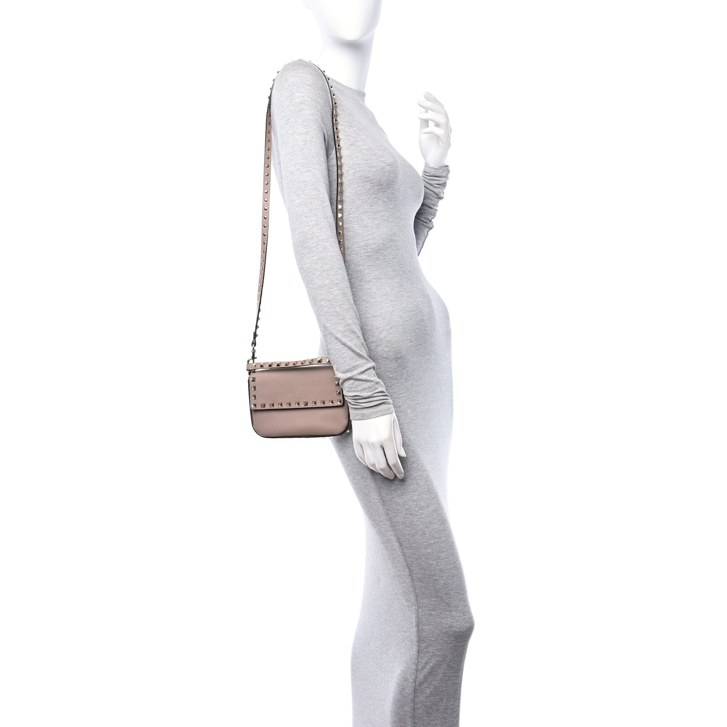Grainy Calfskin Rockstud Crossbody Pouch Poudre