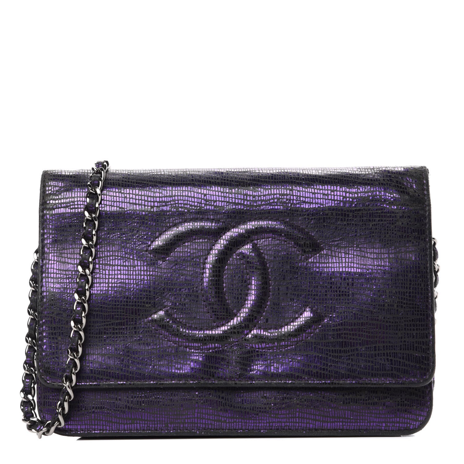 Chanel Iridescent Lizard Embossed Timeless CC Wallet on Chain WOC Purple 1 of 9