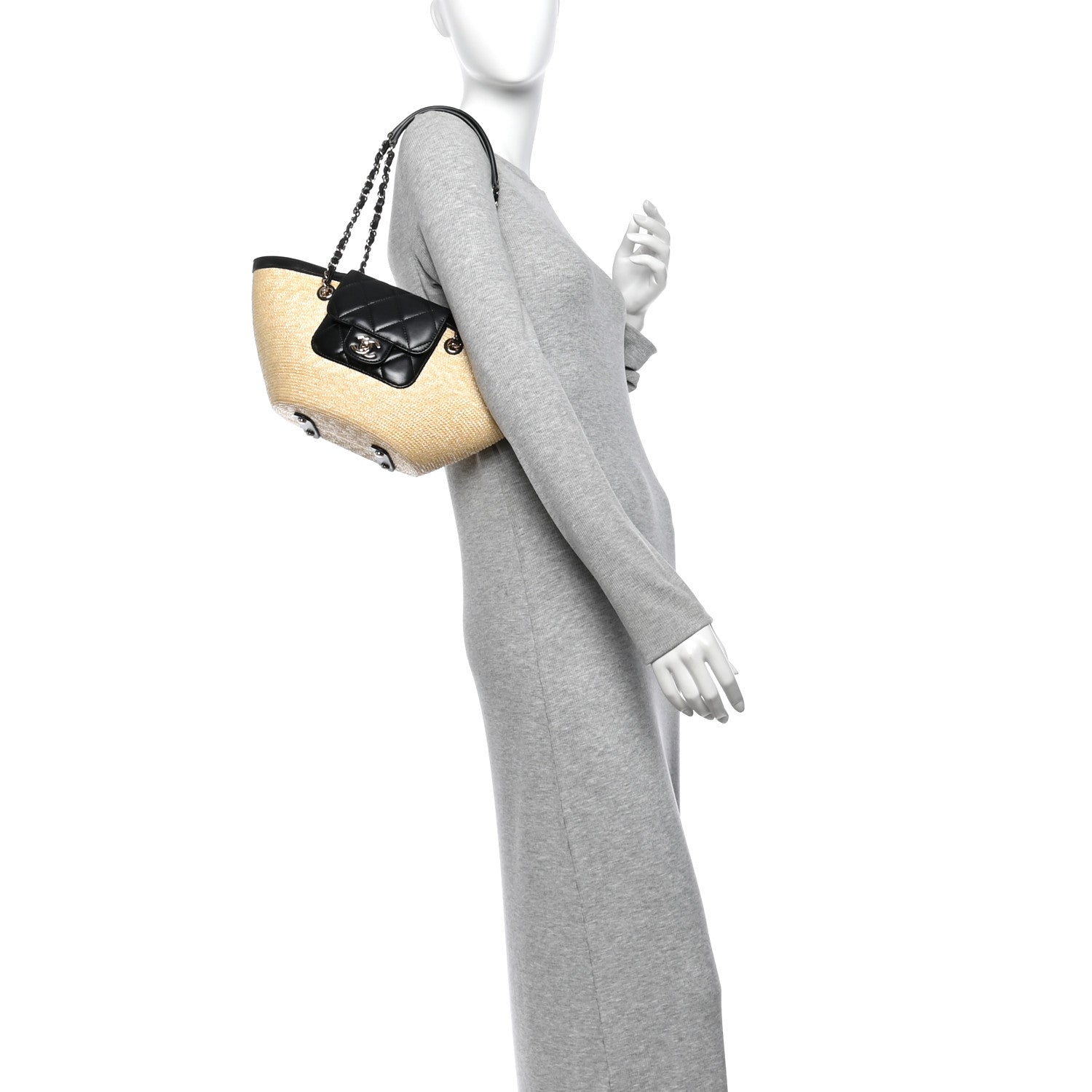 Chanel Raffia Braided Lambskin Small Shopping Tote Beige Black 2 of 12