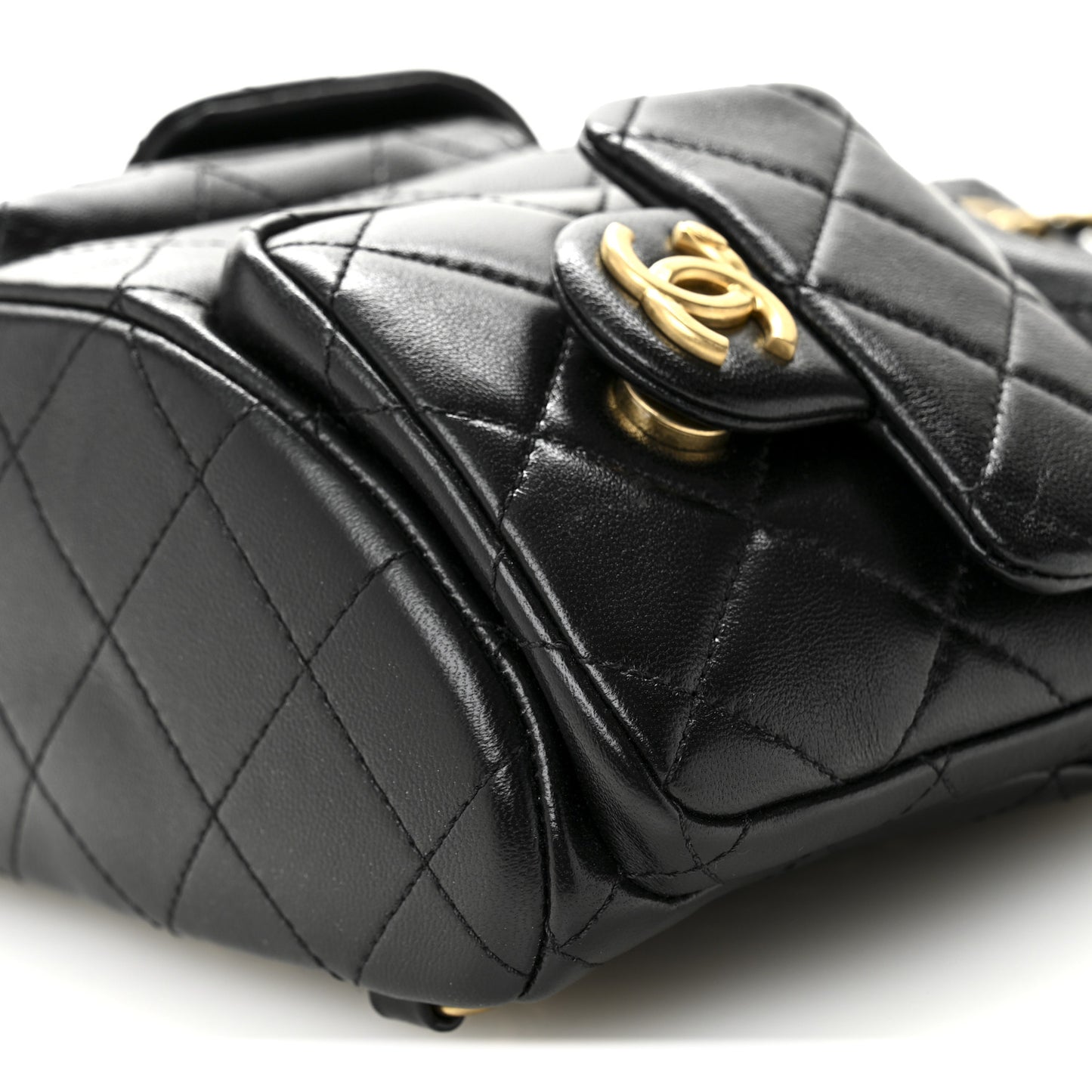 Shiny Lambskin Quilted Double Pocket Backpack Black