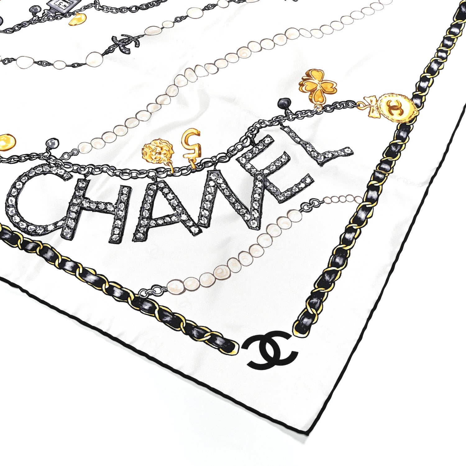Chanel Silk CC Logo Charms Scarf White Gold Black 2 of 3