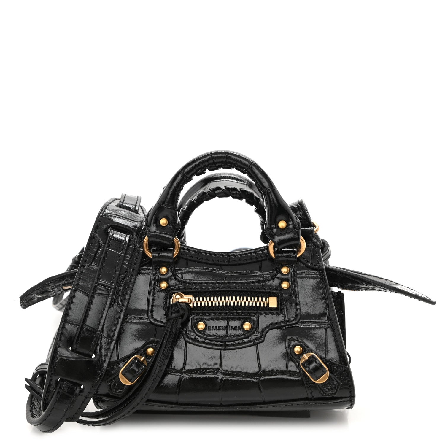 Balenciaga Shiny Supple Calfskin Crocodile Embossed Neo Classic Gold Hardware Super Nano City Crossbody Black 1 of 7
