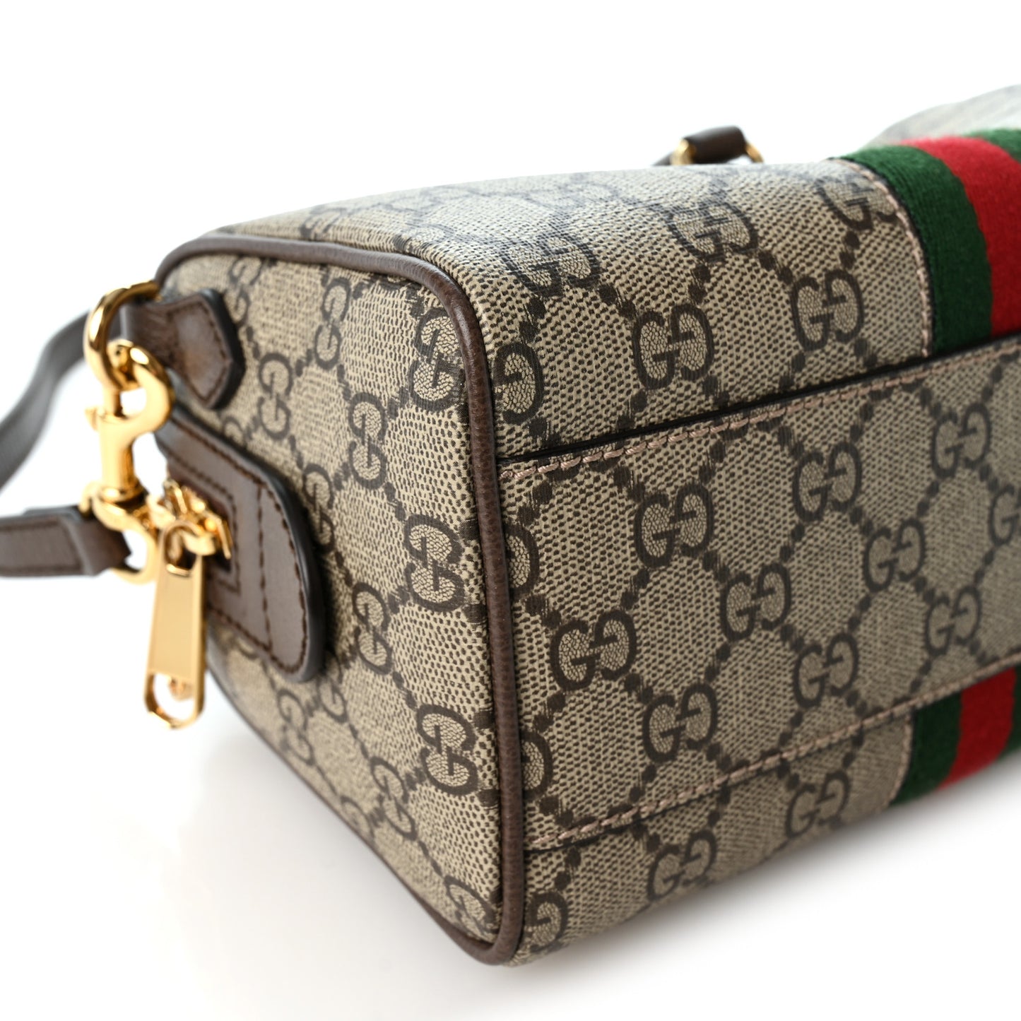 GG Supreme Monogram Textured Dollar Calfskin Web Mini Ophidia Top Handle Bag Beige Ebony New Acero