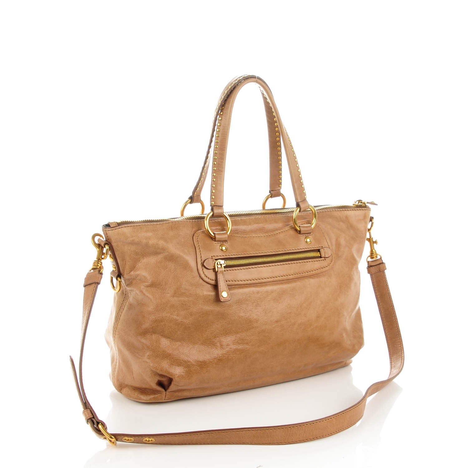 Miu Miu Vitello Lux Crystal Heart Charm Tote Beige 3 of 8