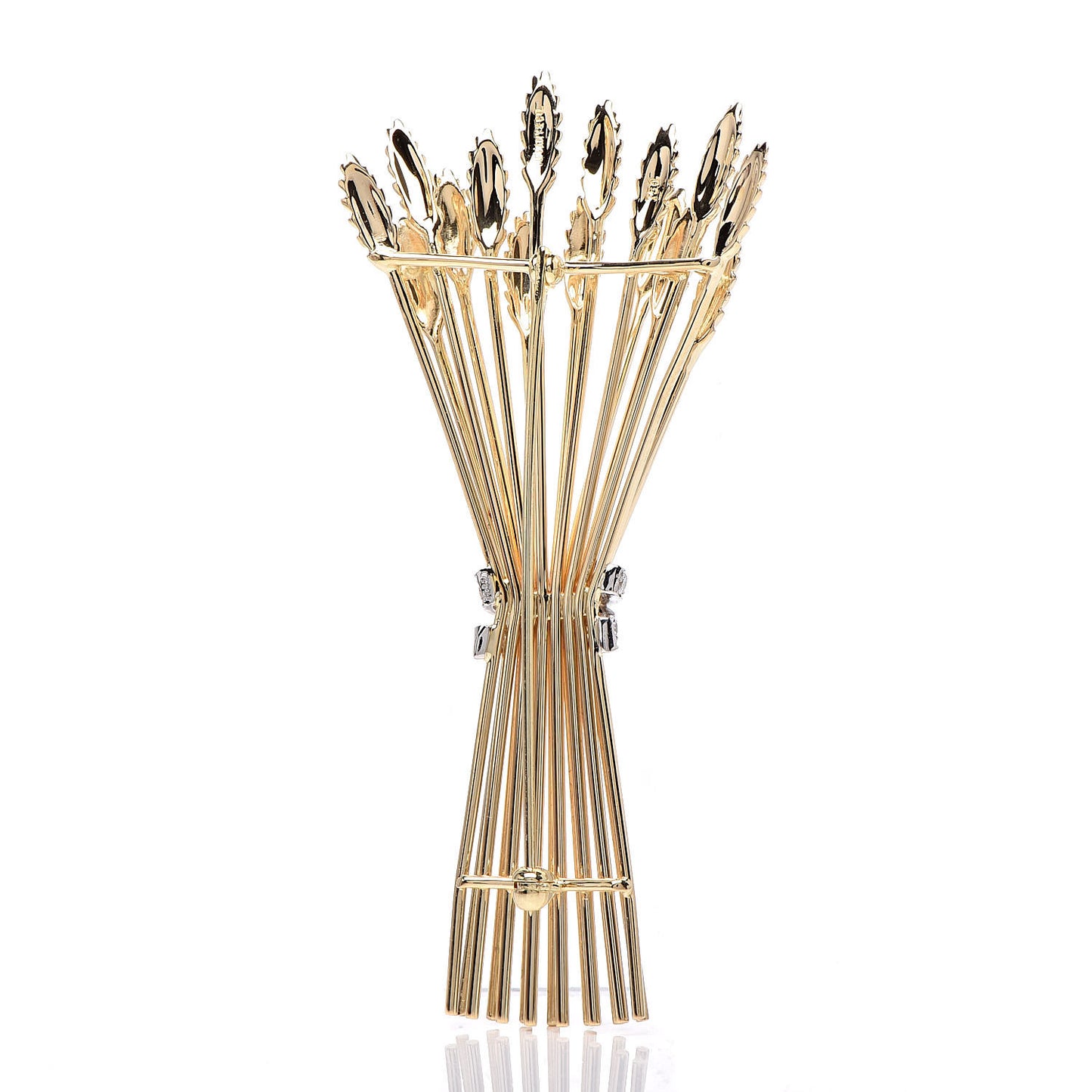 18K Yellow Gold Platinum Diamond Wheat Sheaf Brooch