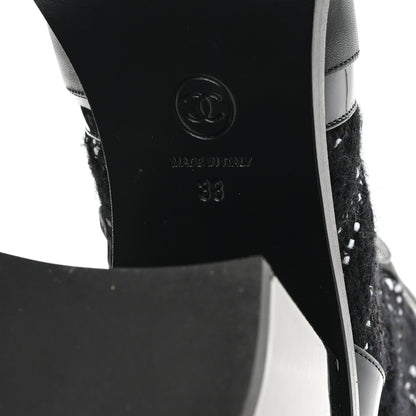 Chanel Tweed Calfskin Patent Cap Toe CC High Boots 39 Black Navy White 7 of 11