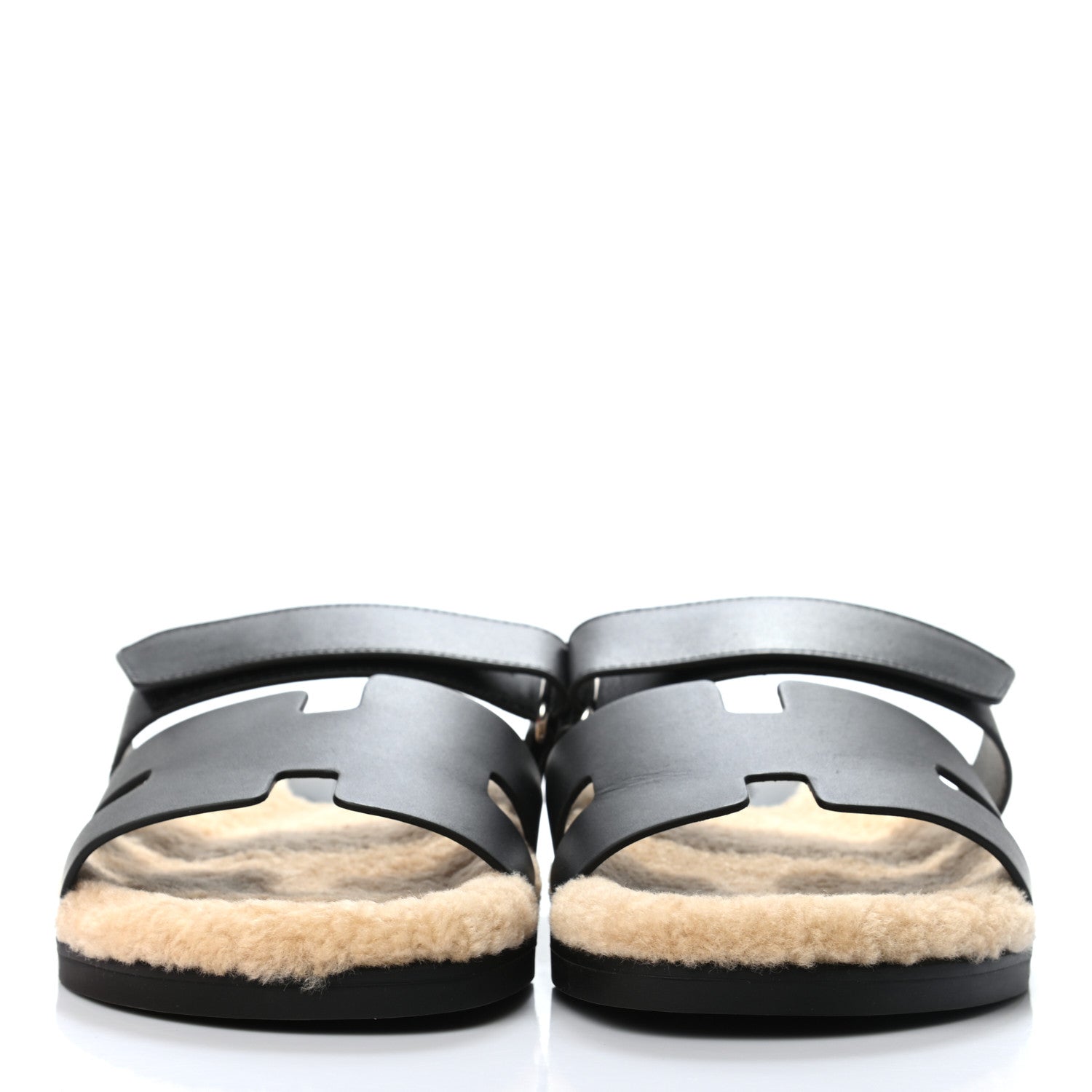 Hermes Calfskin Woolskin Mens Chypre Sandals 43 Black Ecru 2 of 7