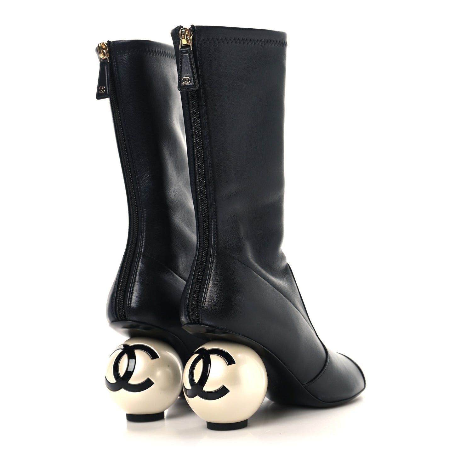 Stretch Lambskin Patent Cap Toe Pearl Ball Mid Calf Boots 36.5 Black