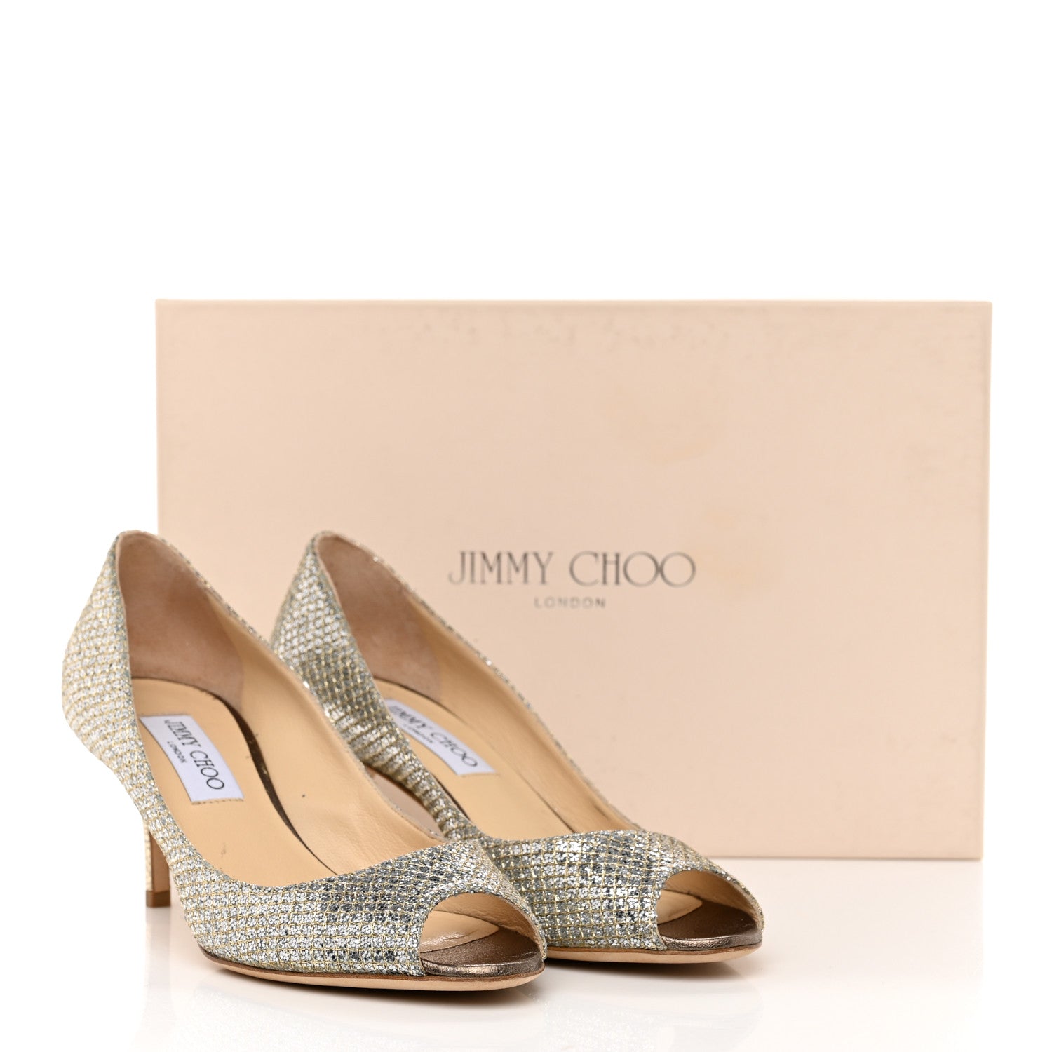Jimmy Choo Glitter Fabric Evelyn Peep Toe 65 Pumps 37.5 Champagne 8 of 8