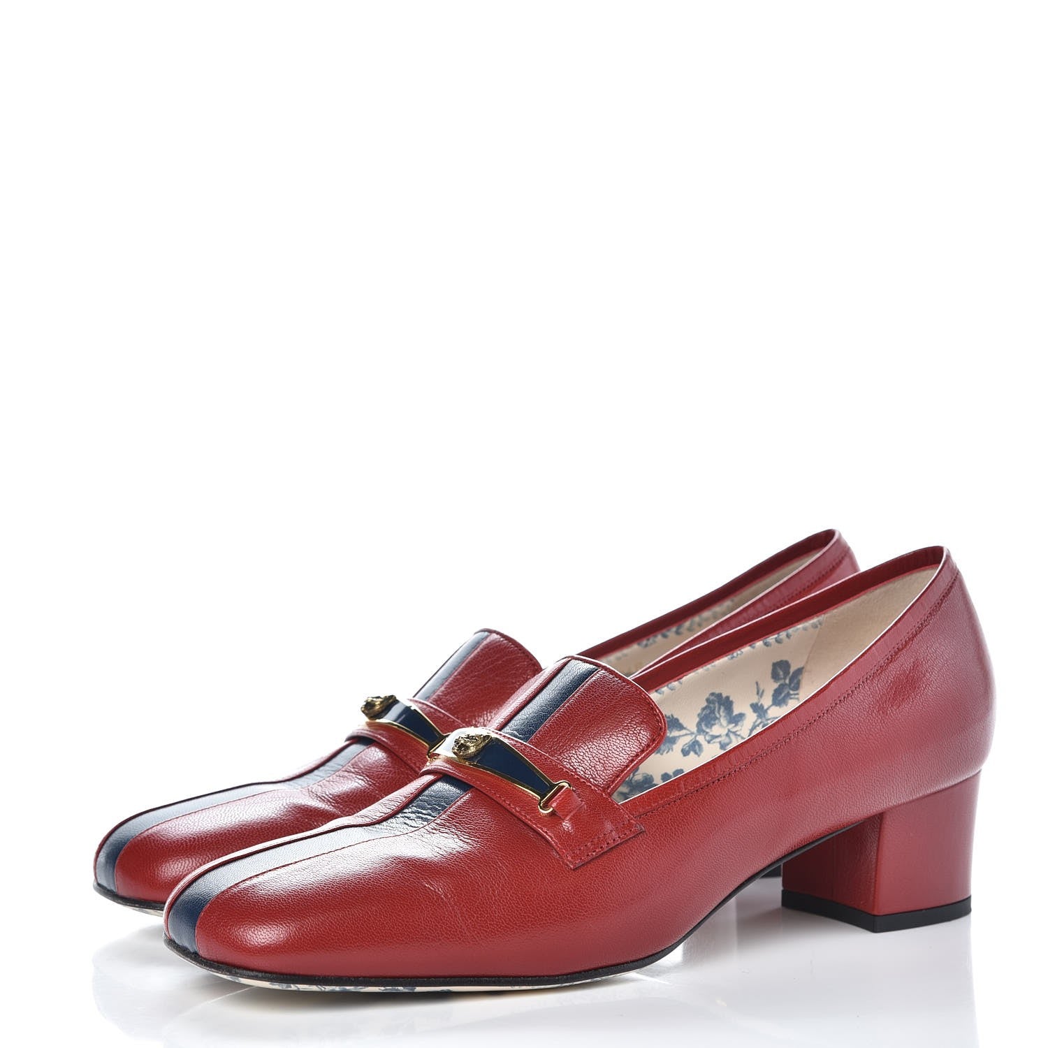 Gucci Goatskin Feline Ginger Loafer Pumps 40.5 Hibiscus Red Blue 3 of 9