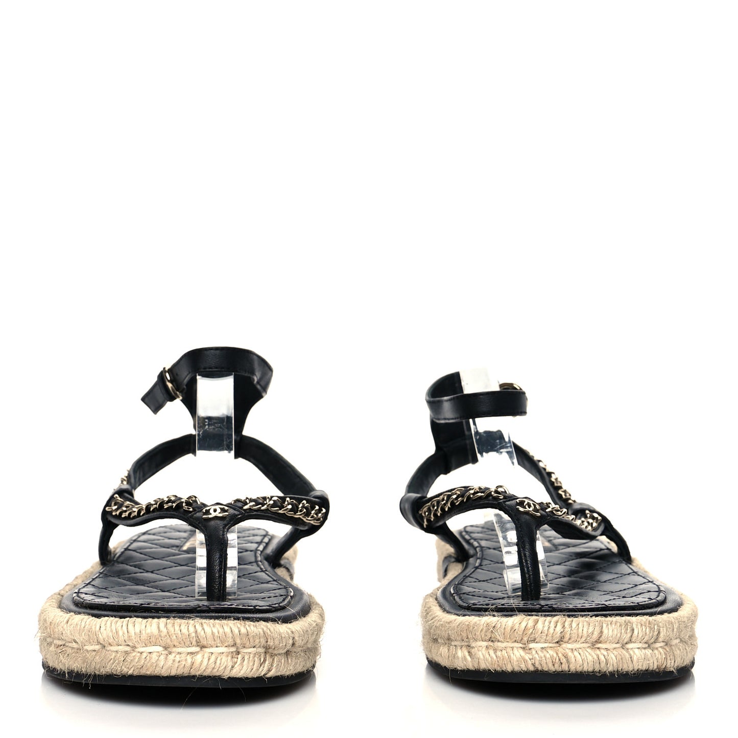 Lambskin Chain CC Thong Espadrille Sandals 40 Black
