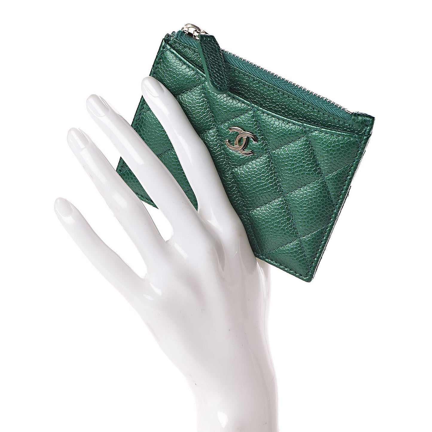 Metallic Caviar Quilted CC Zip Card Holder Green