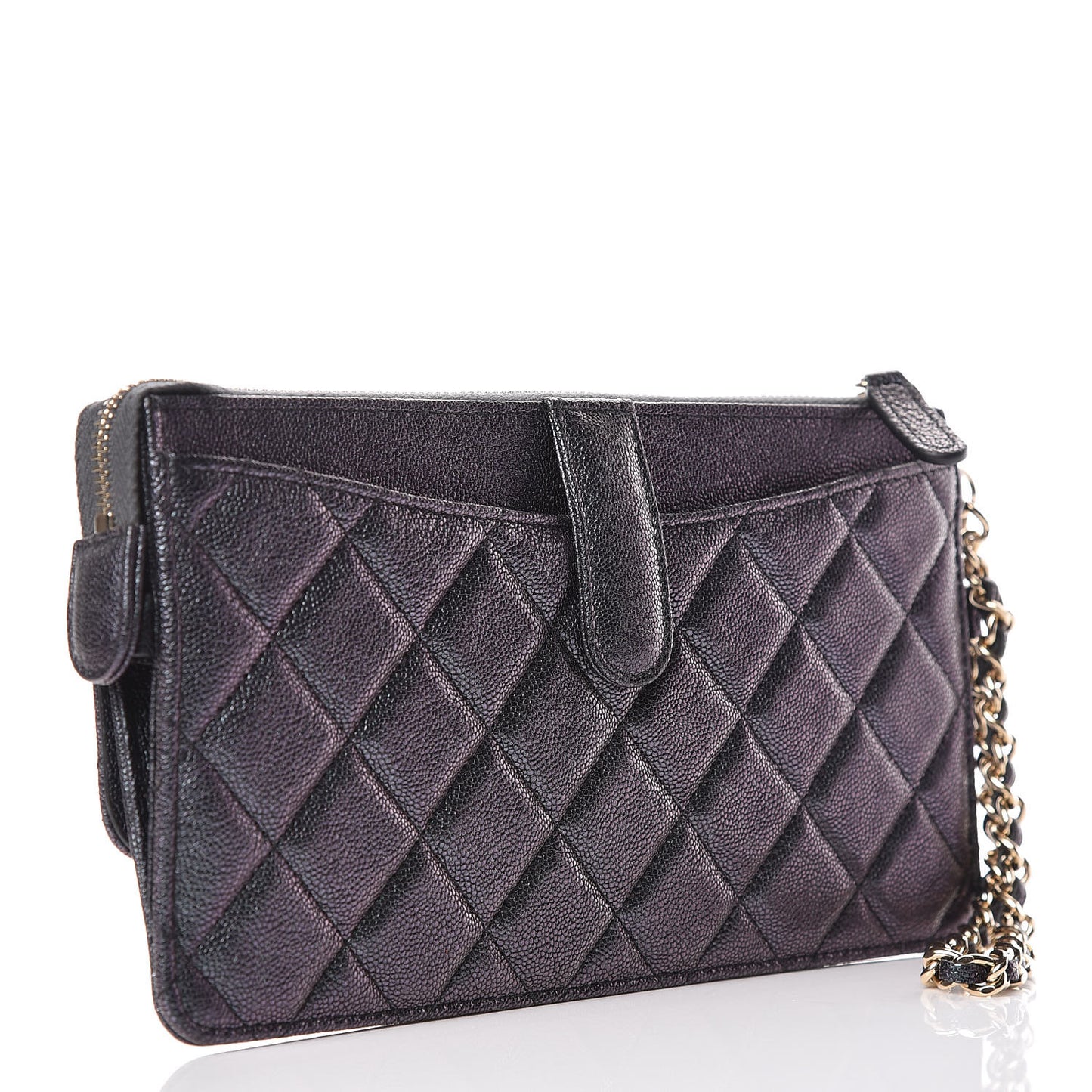 Iridescent Caviar Quilted Classic Pouch With Handle Black