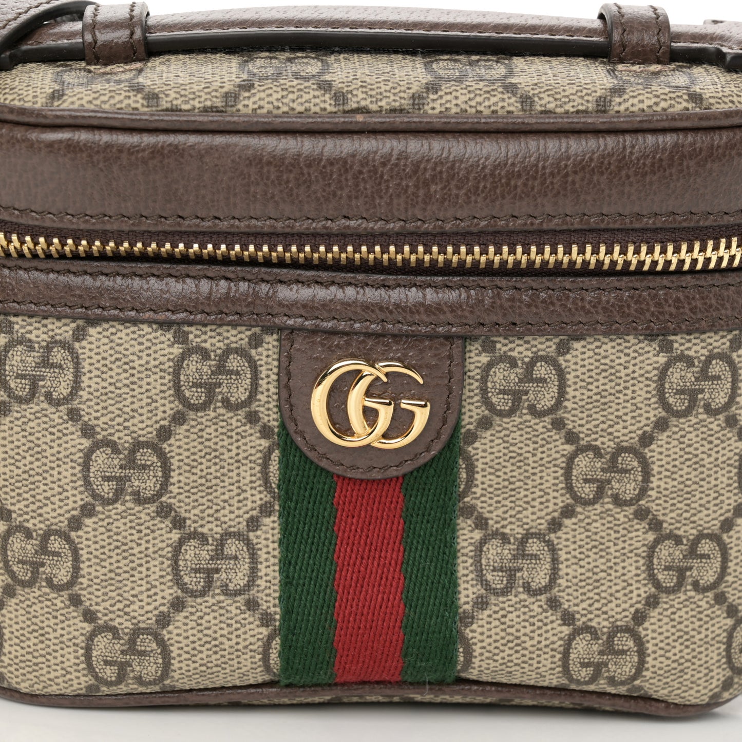 GG Supreme Monogram Textured Calfskin Web Mini Ophidia Top Handle Bag Beige Ebony New Acero