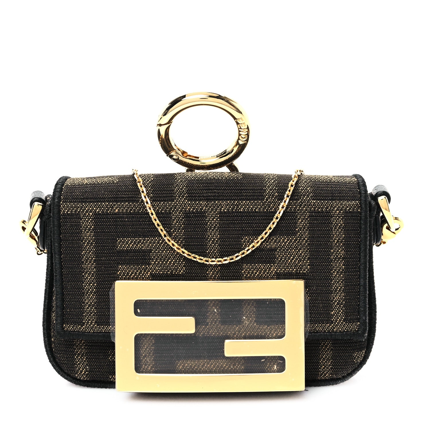 Fendi Fabric Jacquard FF 1974 Nano Maxi Buckle Baguette Charm Tobacco Moro Black 1 of 11