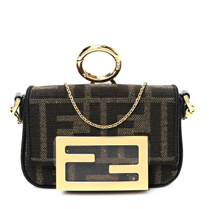 Fendi Fabric Jacquard FF 1974 Nano Maxi Buckle Baguette Charm Tobacco Moro Black 1 of 11