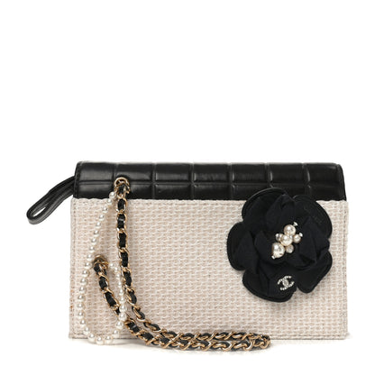 Chanel Tweed Jersey Lambskin Camellia Flap Chocolate Bar Pearl Chain Flap Clutch Black Beige 1 of 11