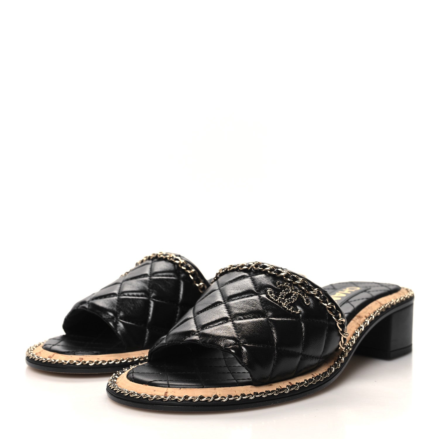 Chanel Lambskin Quilted Chain CC Sandals 37.5 Black 3 of 8