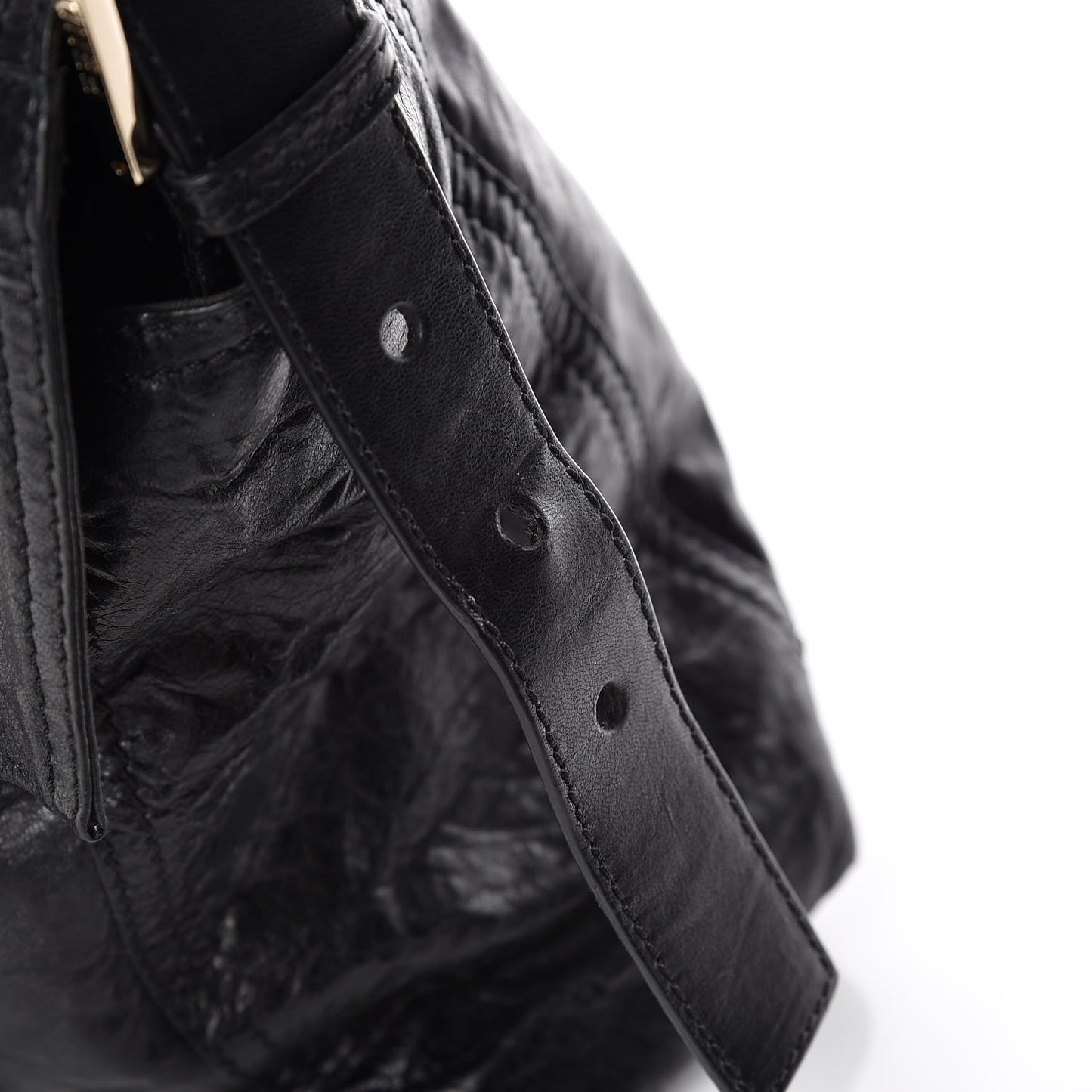 Crumpled Calfskin Fringe Large Convertible Baguette Black