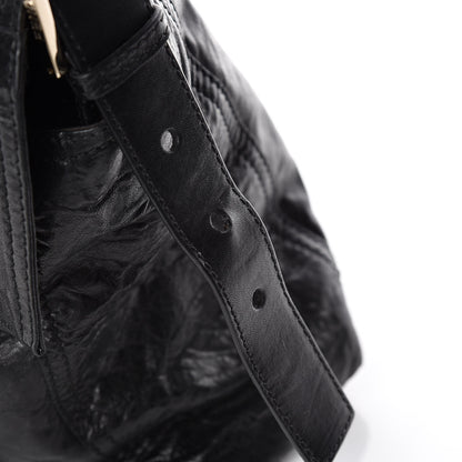 Fendi Crumpled Calfskin Fringe Large Convertible Baguette Black 17 of 18
