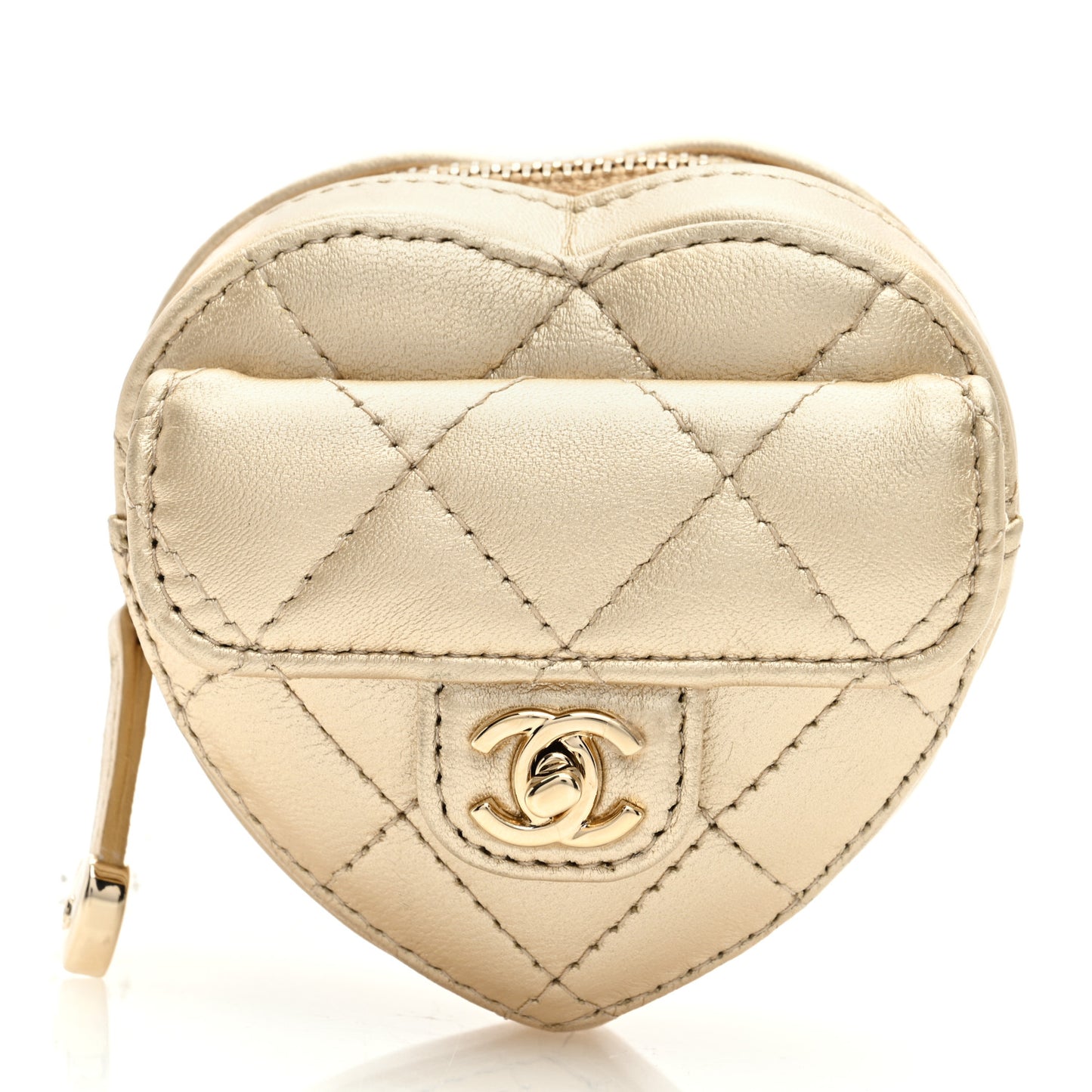 Metallic Lambskin Quilted CC In Love Heart Zipped Arm Coin Purse Gold
