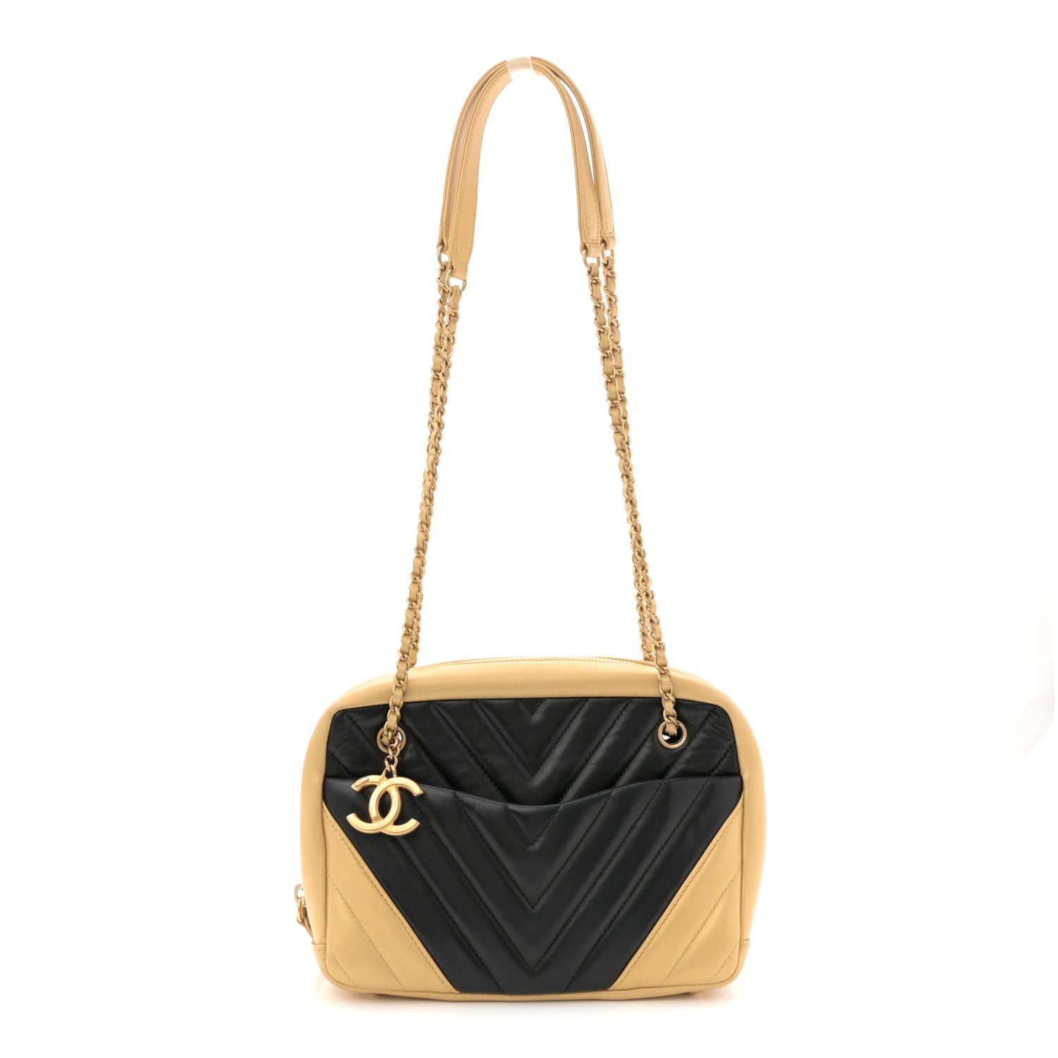 Chanel Lambskin Sheepskin Chevron Camera Case Black Gold 1 of 10
