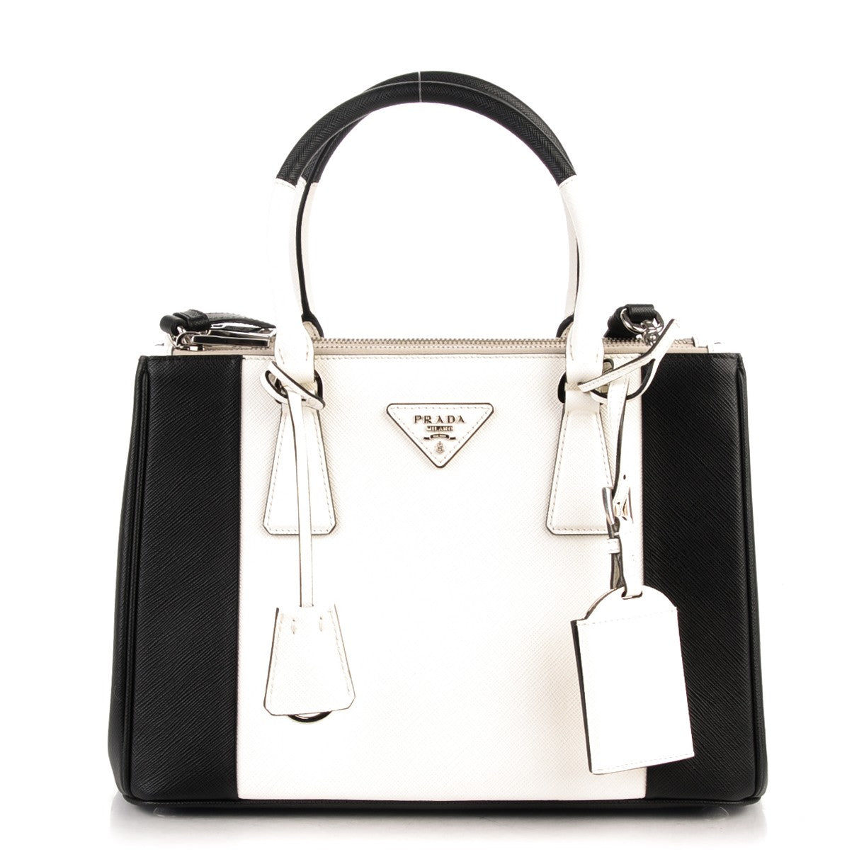 Saffiano Lux Small Bi-Color Galleria Double Zip Tote Black White