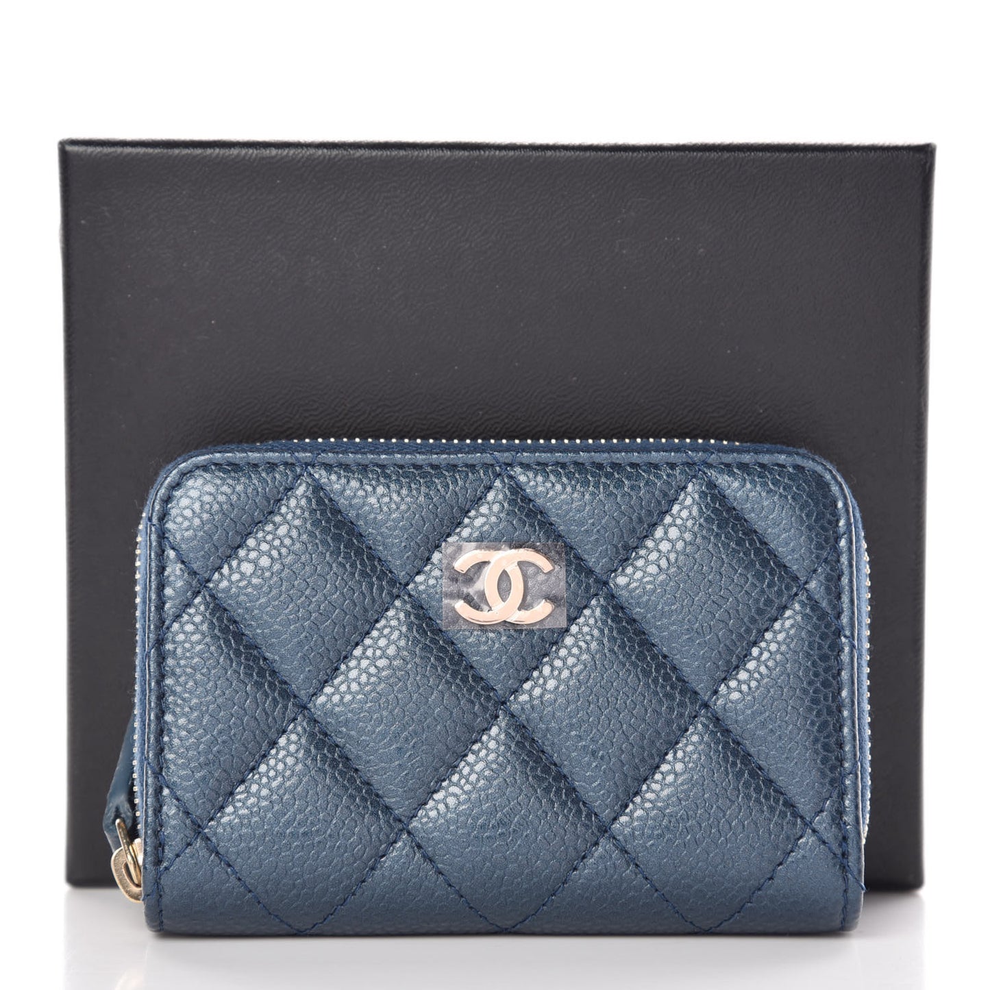 Metallic Caviar Quilted Zip Coin Purse Dark Blue