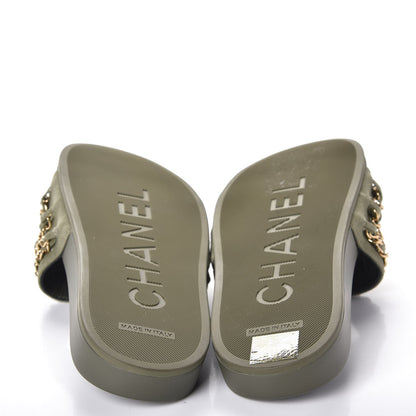 Chanel Canvas Chain Flat Sandals 37 Khaki 5 of 9