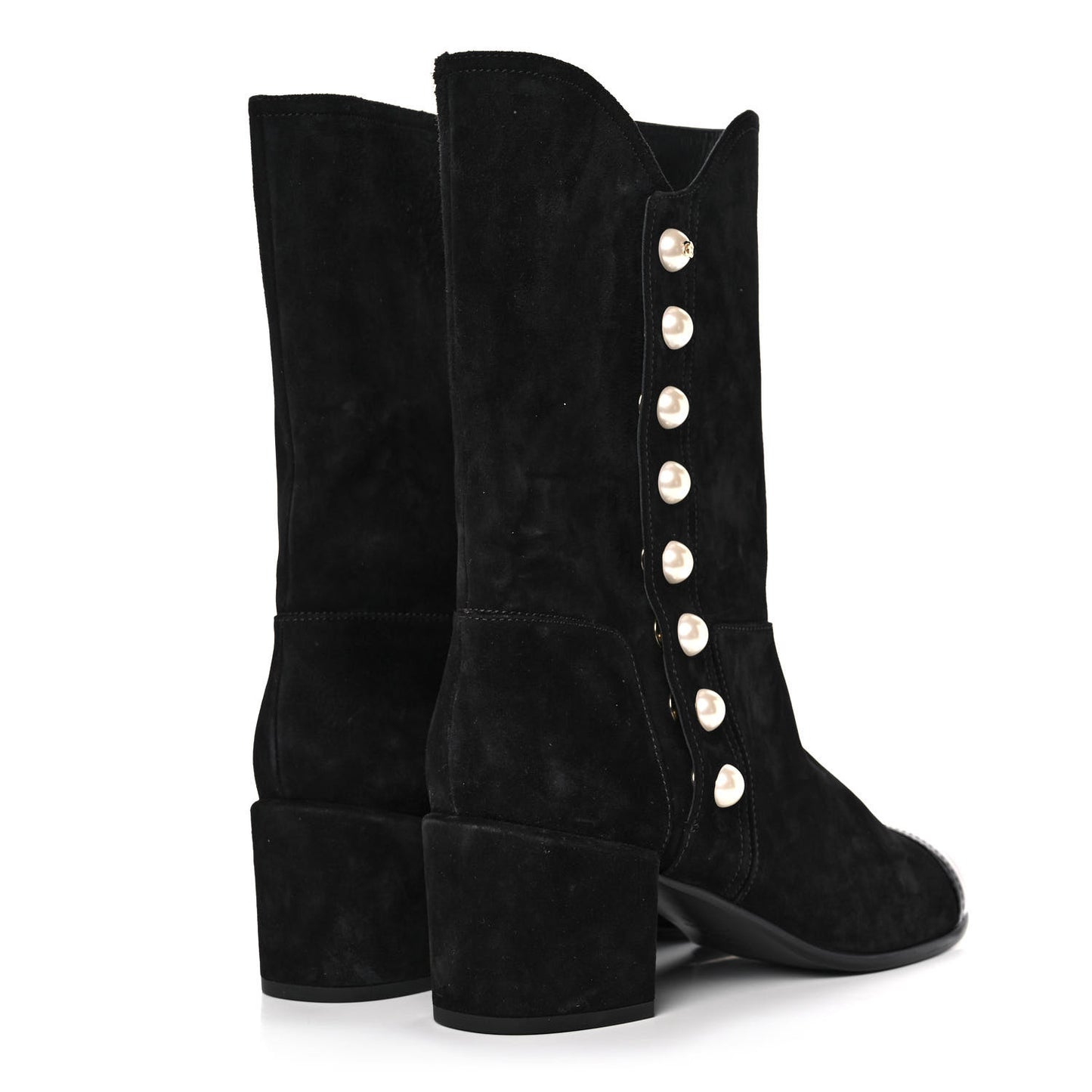 Suede Calfskin Patent Pearl Cap Toe Boots 41 Black