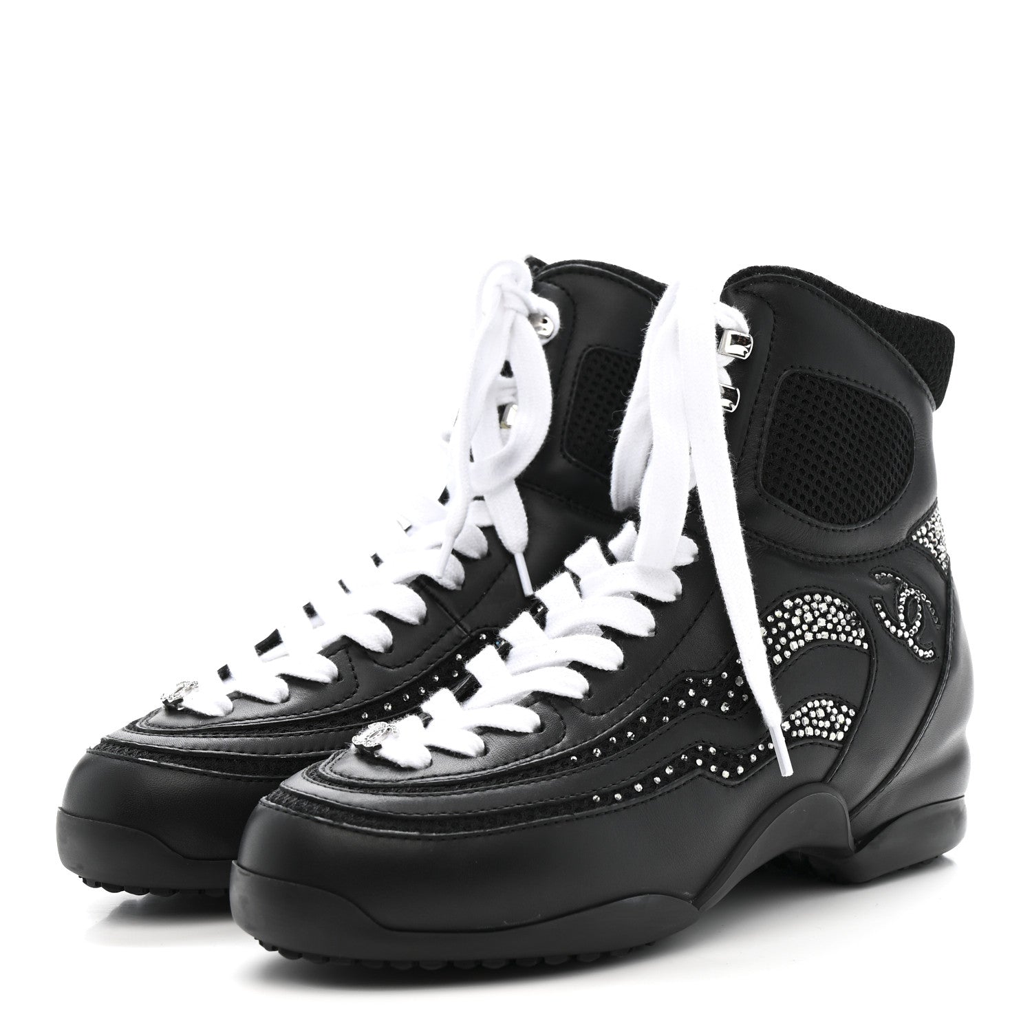 Chanel Calfskin Mesh Strass Womens CC Sneakers 37 Black Silver