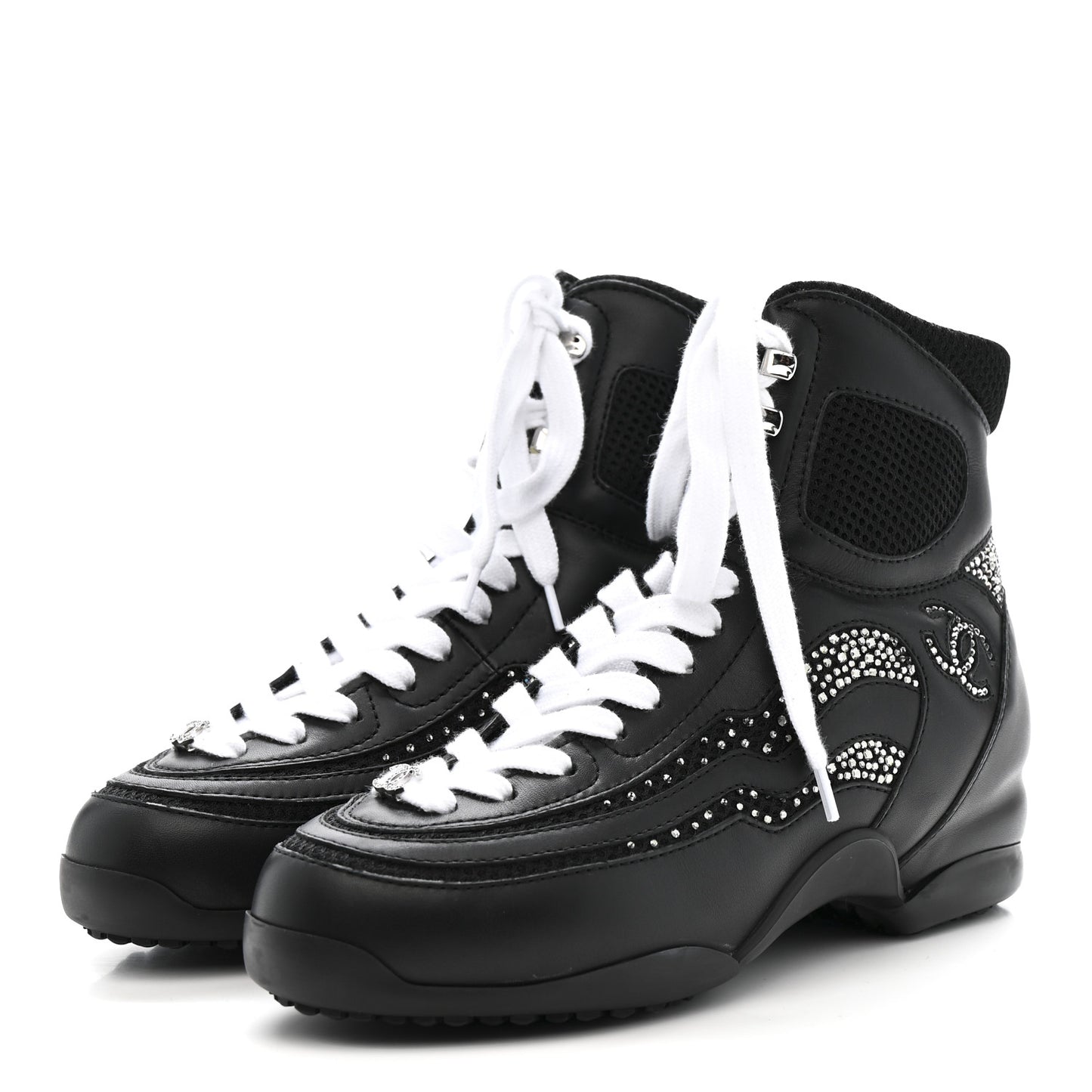 Calfskin Mesh Strass Womens CC Sneakers 37 Black Silver