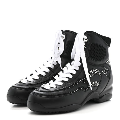Chanel Calfskin Mesh Strass Womens CC Sneakers 37 Black Silver 4 of 8