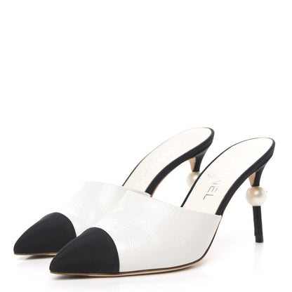 Chanel Goatskin Grosgrain Cap Toe Pearl Mule 36.5 Ecru Black 3 of 10