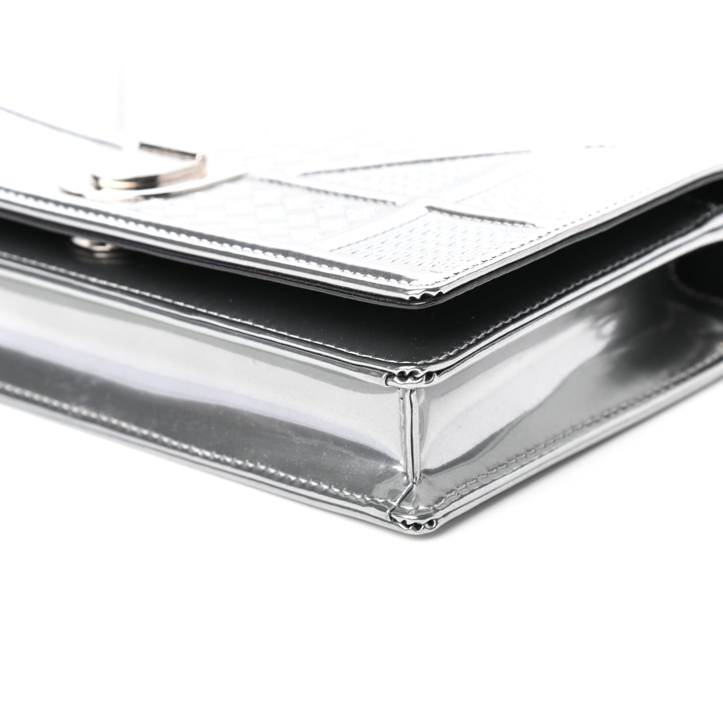 Metallic Patent Micro-Cannage Diorama Wallet on Chain Pouch Silver