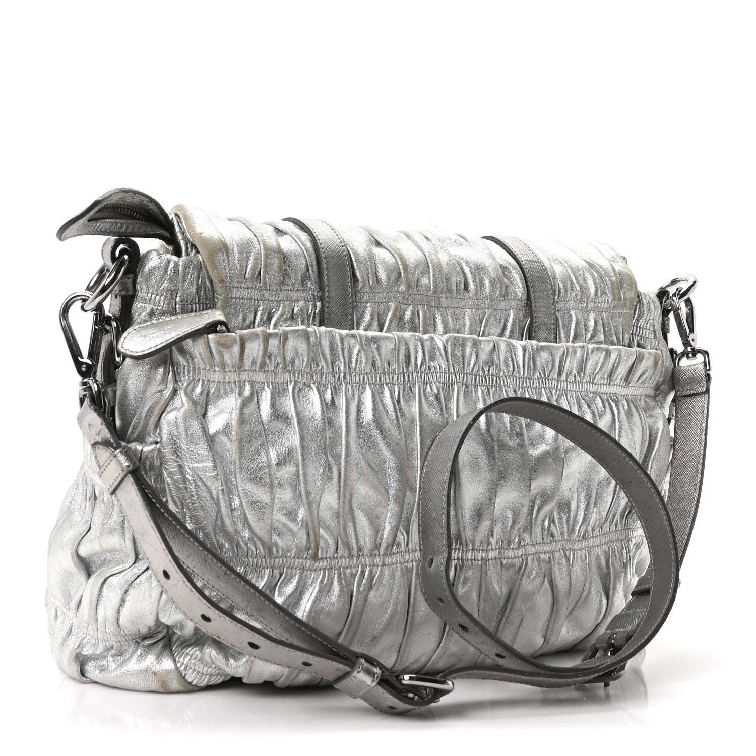 Prada Metallic Nappa Gaufre Messenger Tote Argento 3 of 9