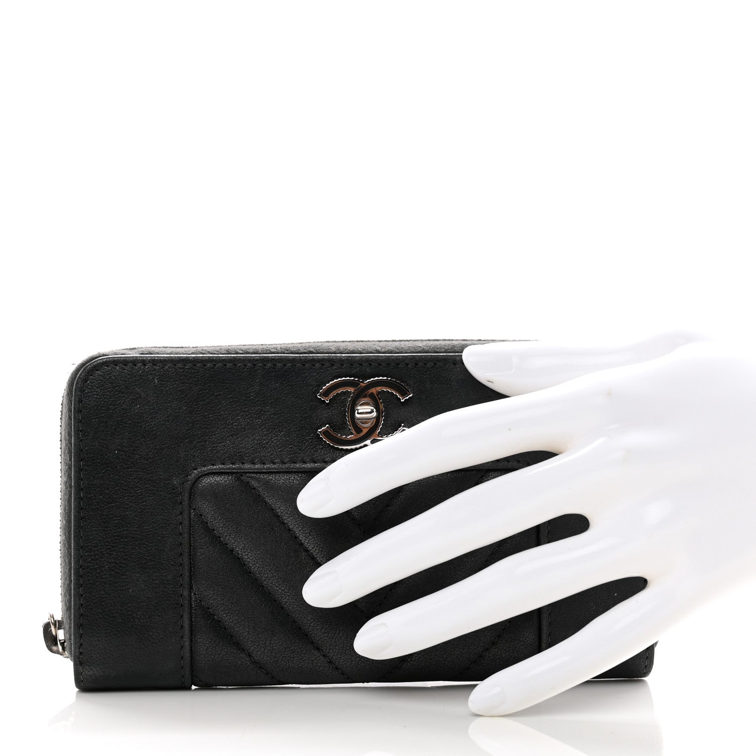 Chanel Sheepskin Chevron Quilted Mademoiselle Vintage Zip Around Wallet Grey 2 of 9