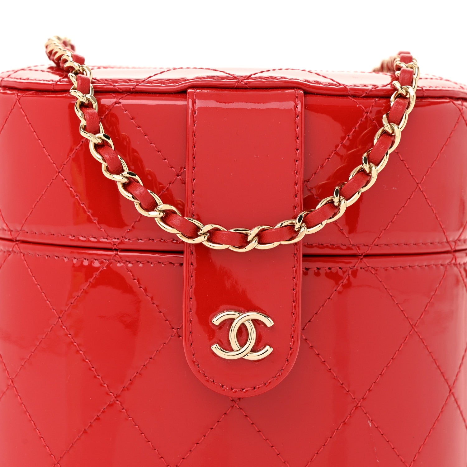 Chanel Patent Quilted Small Round Vanity With Chain Red 8 of 14