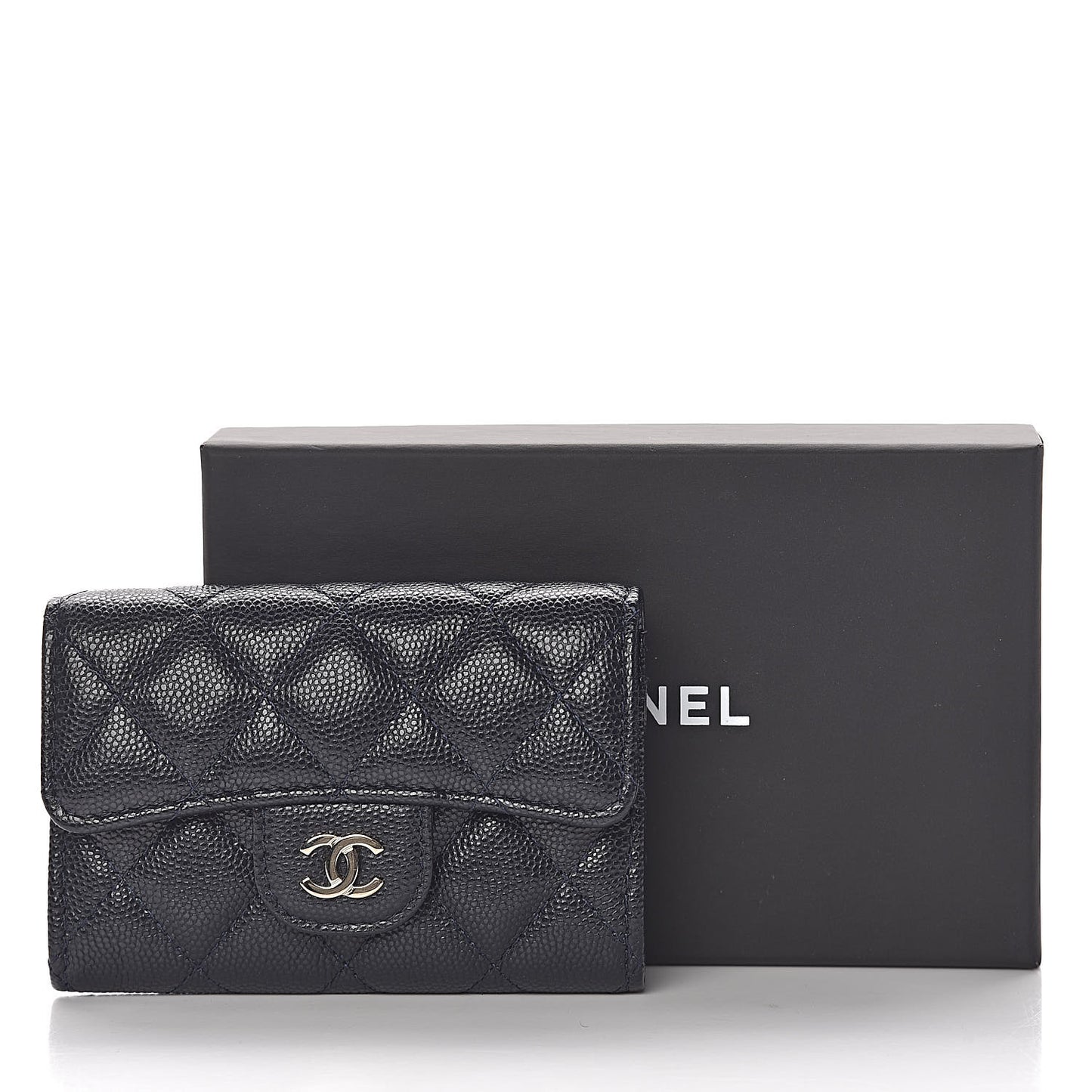 Caviar Quilted Flap Card Holder Wallet Navy Blue