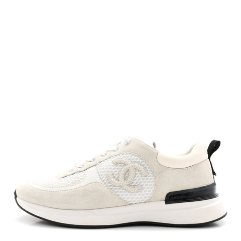 Calfskin Mesh Lycra Suede Womens Logo Sneakers 38.5 White