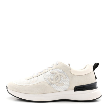 Chanel Calfskin Mesh Lycra Suede Womens Logo Sneakers 38.5 White 1 of 10
