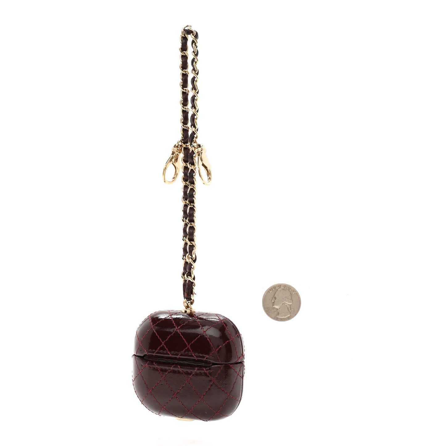 Glazed Calfskin Quilted Airpods Pro Case With Chain Burgundy