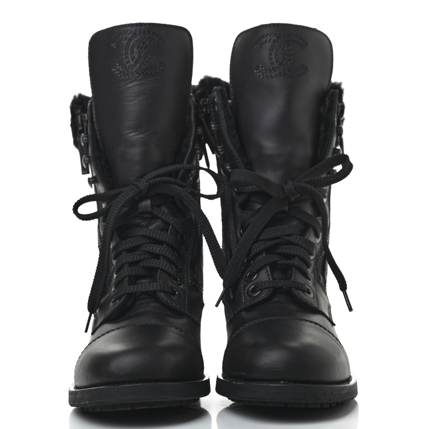 Calfskin Shearling Quilted Cap Toe Combat Boots 37 Black