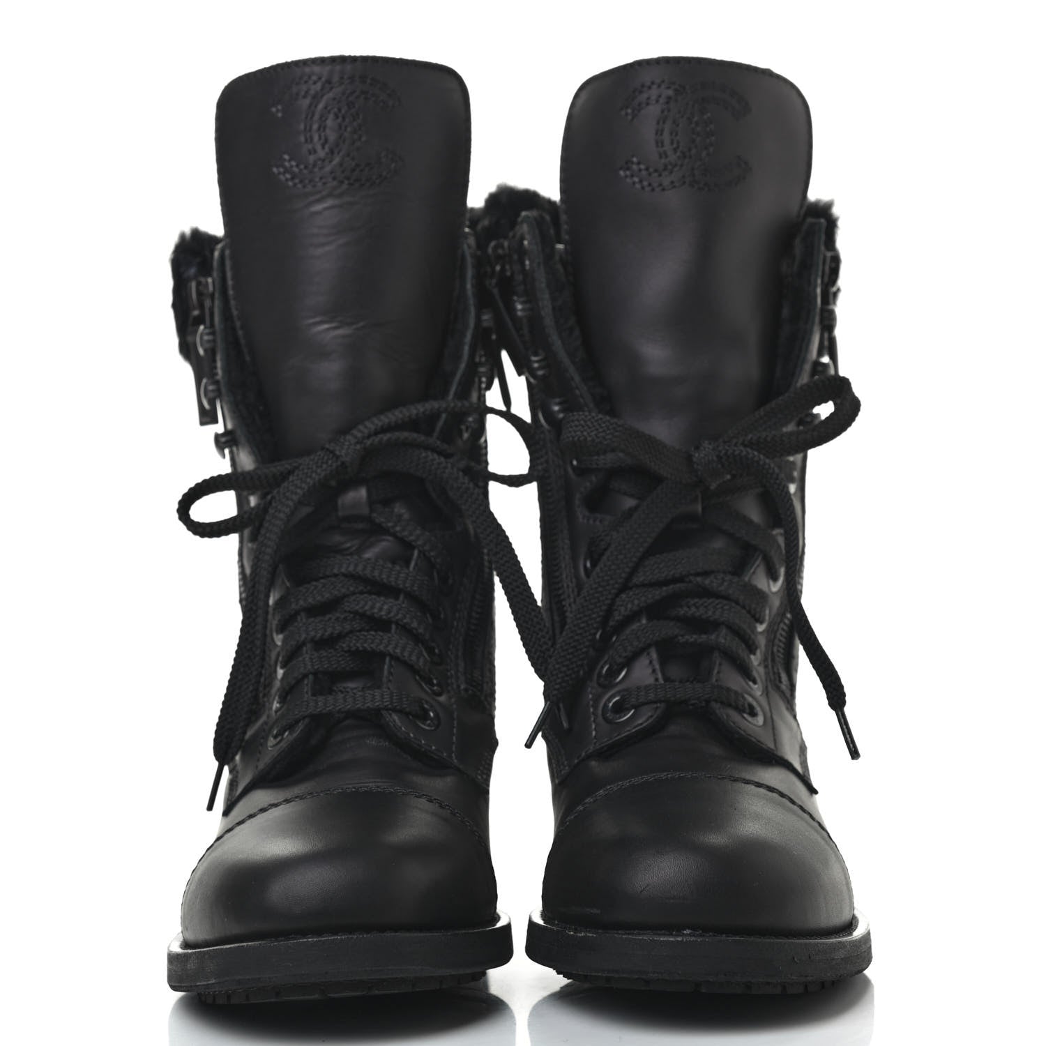 Chanel Calfskin Shearling Quilted Cap Toe Combat Boots 37 Black 2 of 9